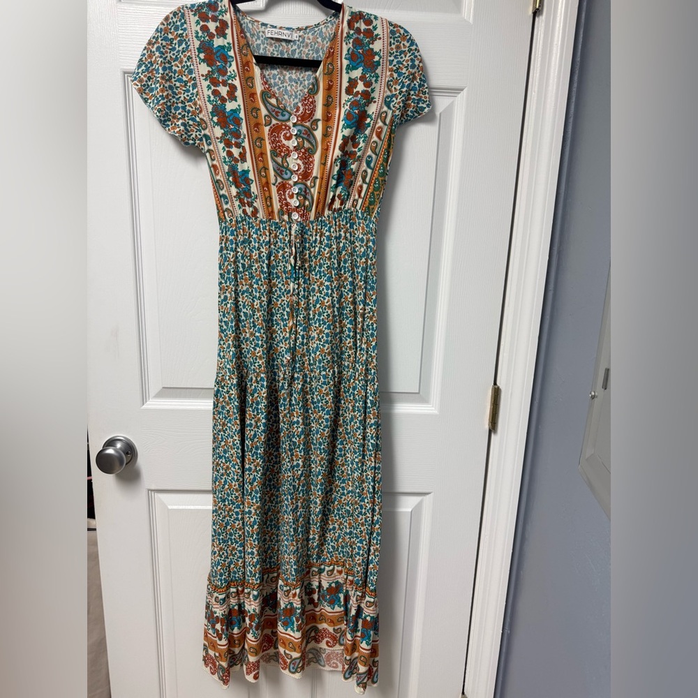 Women's Teal Floral Maxi Dress with Paisley Accents